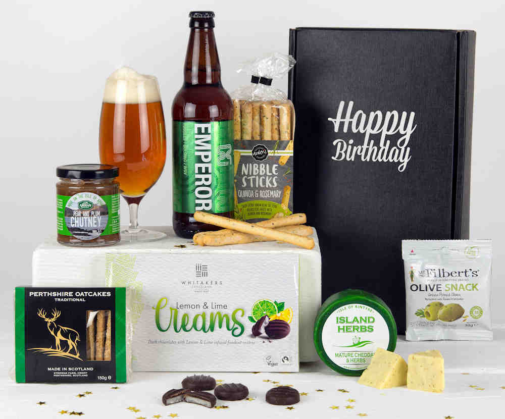 Beer, savoury snacks, chocolates and cheese in a Happy Birthday Gift Box