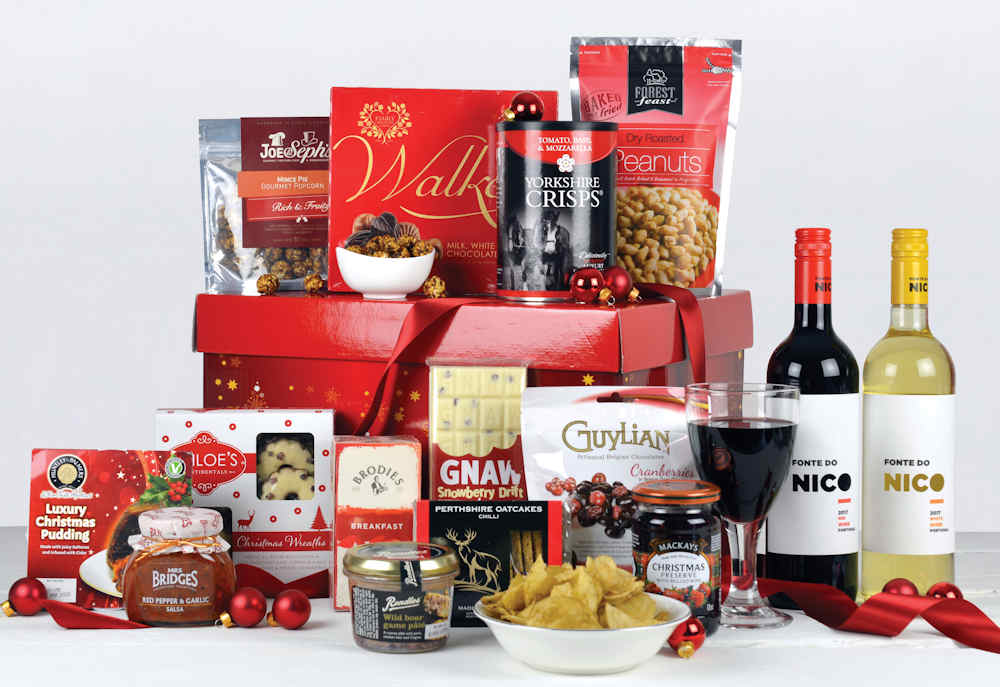 Red Christmas Gift Box with Red and White wine, christmas pudding, biscuits, oatcakes, chocolates, nuts, popcorn and other tast snacks