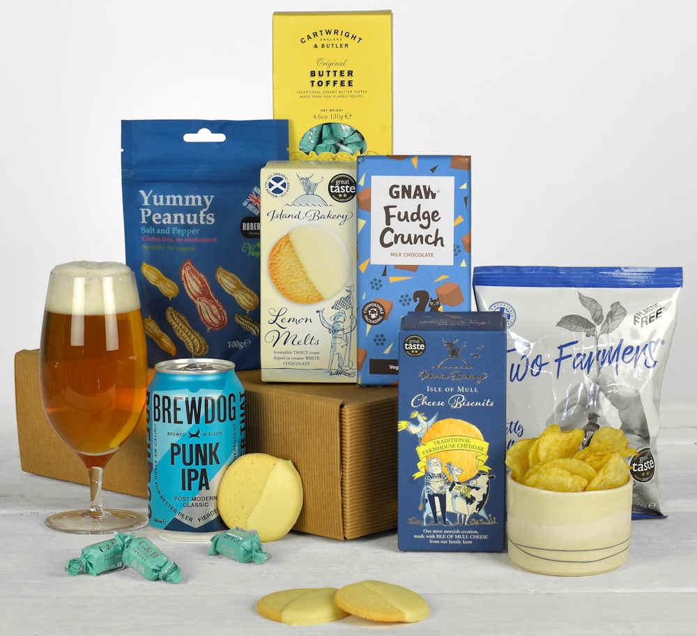 beer and snacks that are blue and yellow in colour and are all made from sustainable companies