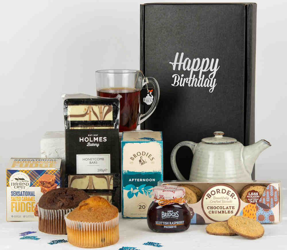 Afternoon tea, biscuits, fudge, cake and other tasty treats in a Happy Birthday Gift Box