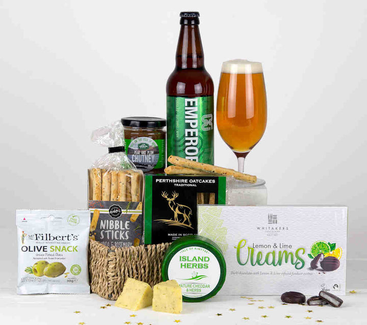 Seagrass Gift Tray with Beer, snacks, chutney, cheese and chocolates