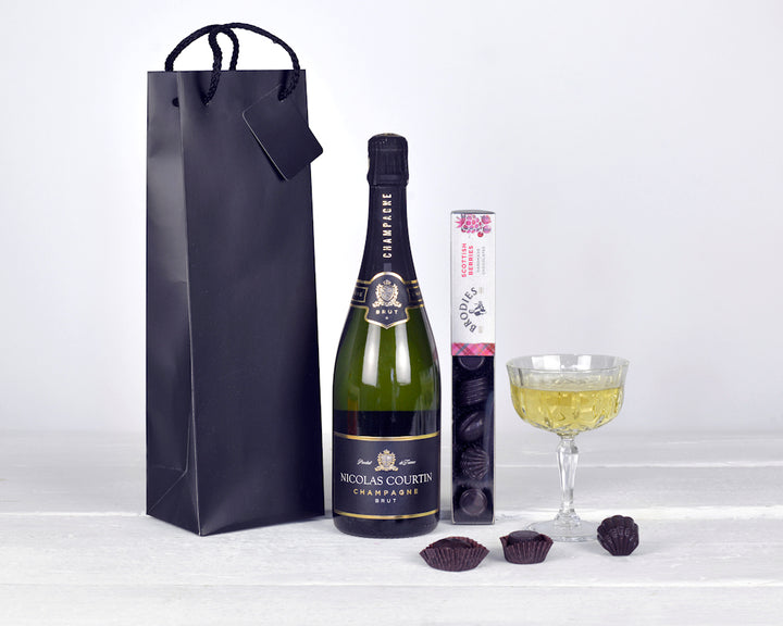 Champagne and Luxury Scottish Chocolates and a Black Gift Bag