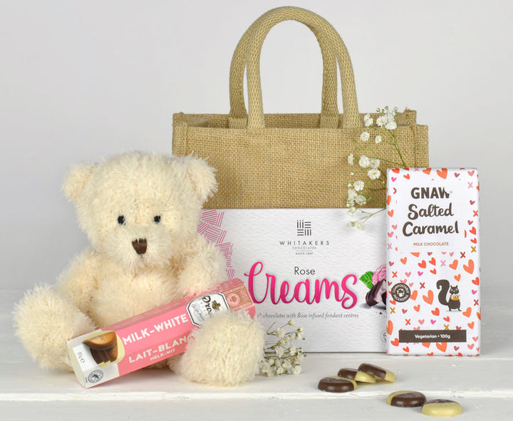 Natural Gift Bag with Rose Chocolates, Salted Caramel Chocolate Bar, Milk and white Chocolate Pastilles and a teddy bear