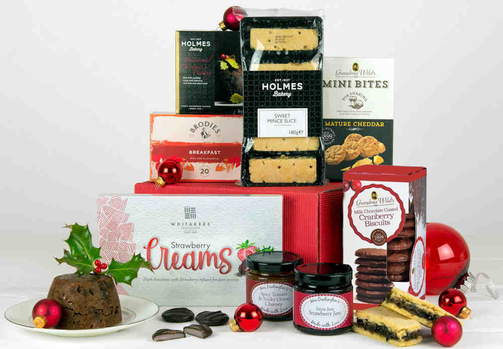 Christmas Gift Hamper with Christmas Pudding, Strawberry Chocolates, chocolate biscuits in a Red Gift Box