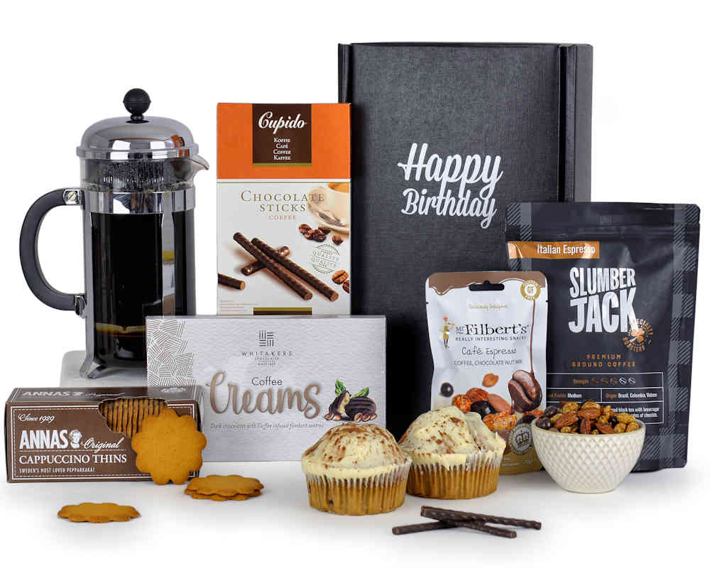 Tasty food treats all flavoured with coffee in a Happy Birthday Gift Box