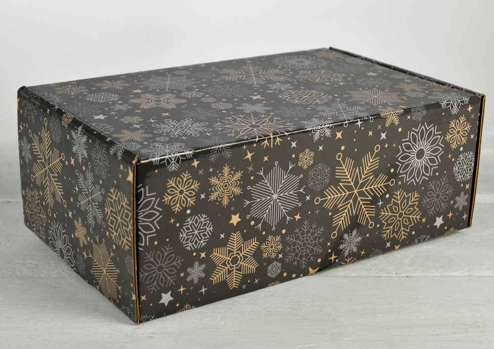 Black and Gold Christmas Gift Box with snow flakes