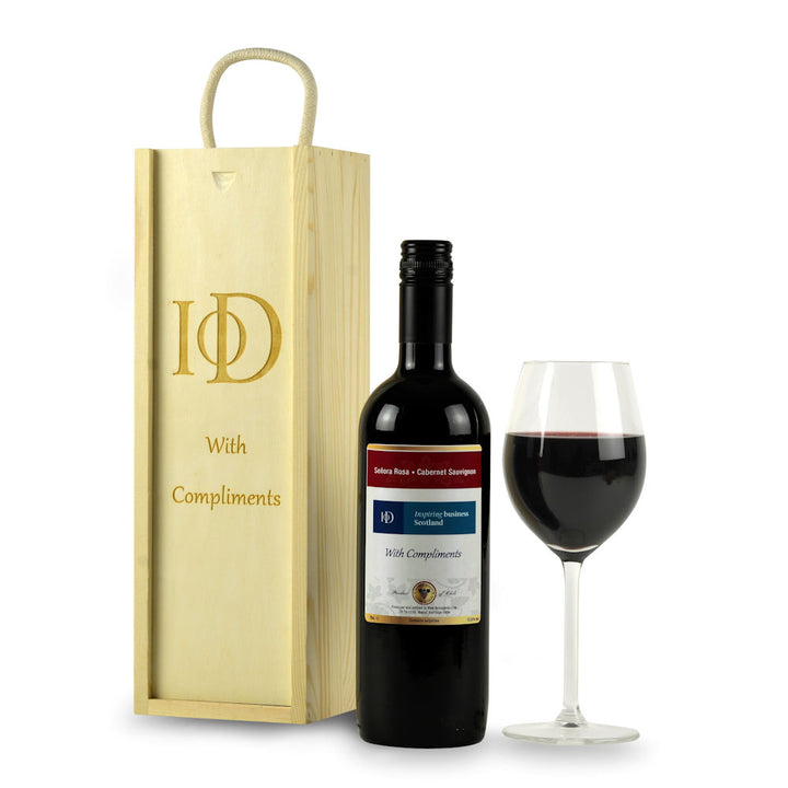 Personalised wooden gift box and a bottle of red wine