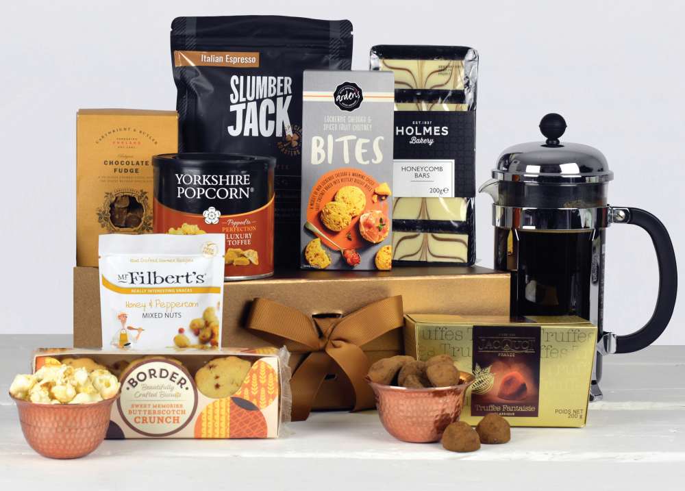 Luxury Treats including italian espresso coffee, crunchy biscuits, chocolate fudge, toffee popcorn and other yummy treats in a luxury copper gift box