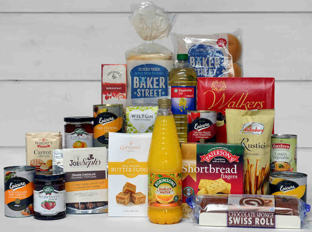 pantry favourites including cordial juice, jam, cake mix, biscuits, popcorn, cakes tea and other tasty essentials.
