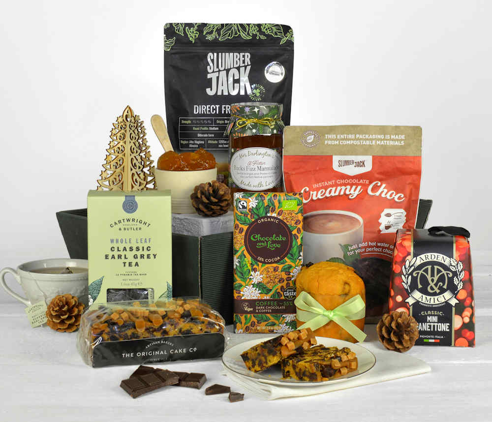 tea, coffee, hot chocolate, cakes and chocolate all made from sustainable brands in a gift tray