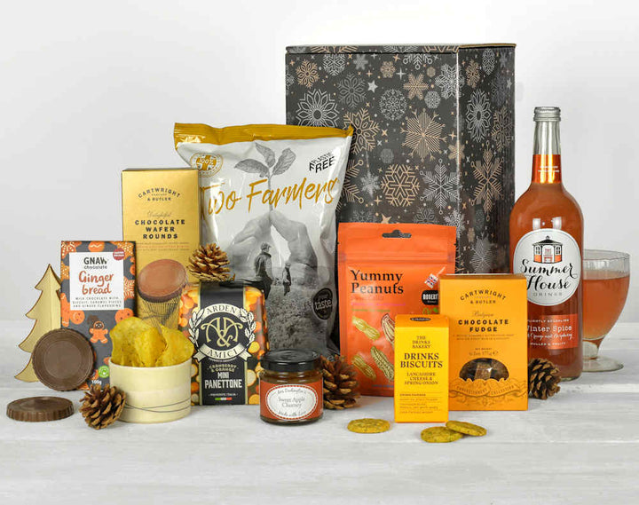 non alcoholic christmas hamper, orange in colour and all made from sustainable brands in a christmas gift box