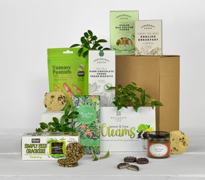 tasty treats that are all white and green in colour and are all Vegan in a gift box