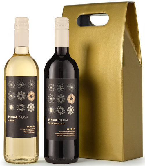 a bottle of red wine and white wine in a gold gift box