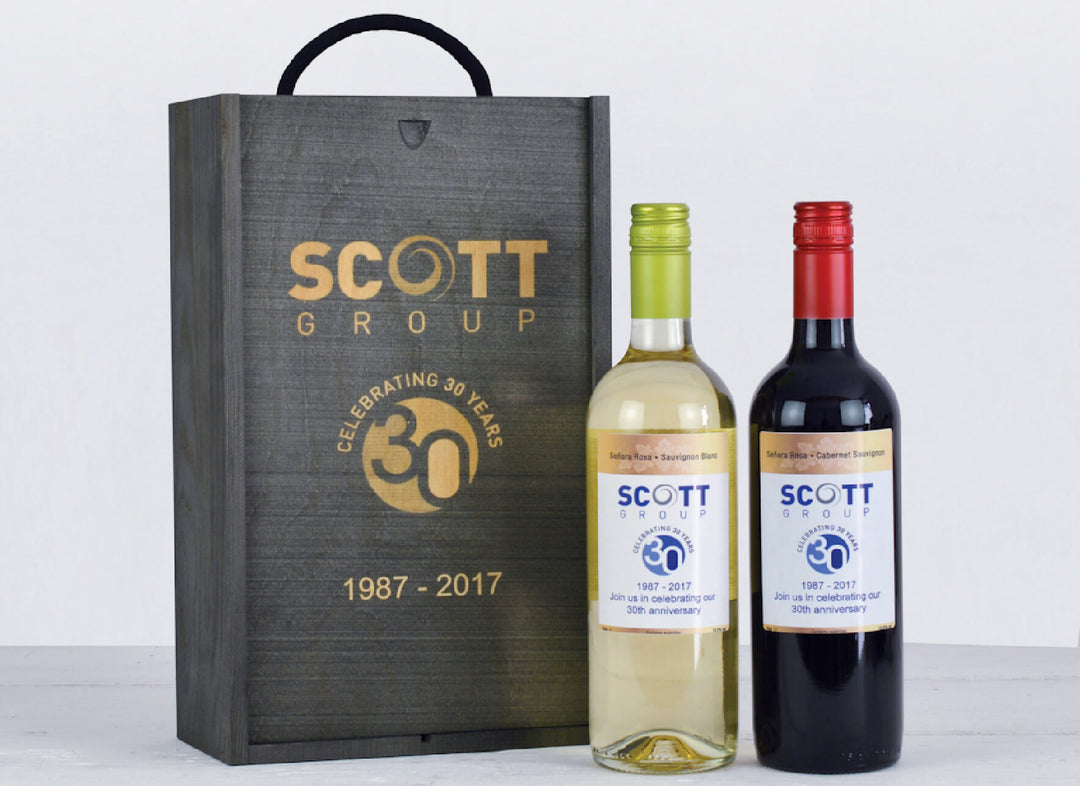 personalised black wooden gift box with personalised bottles of wine